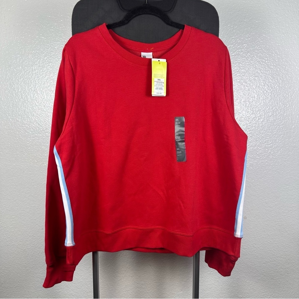 All In Motion Red Crew Neck Sweatshirt w/White and Blue Stripe Detail Size XXL